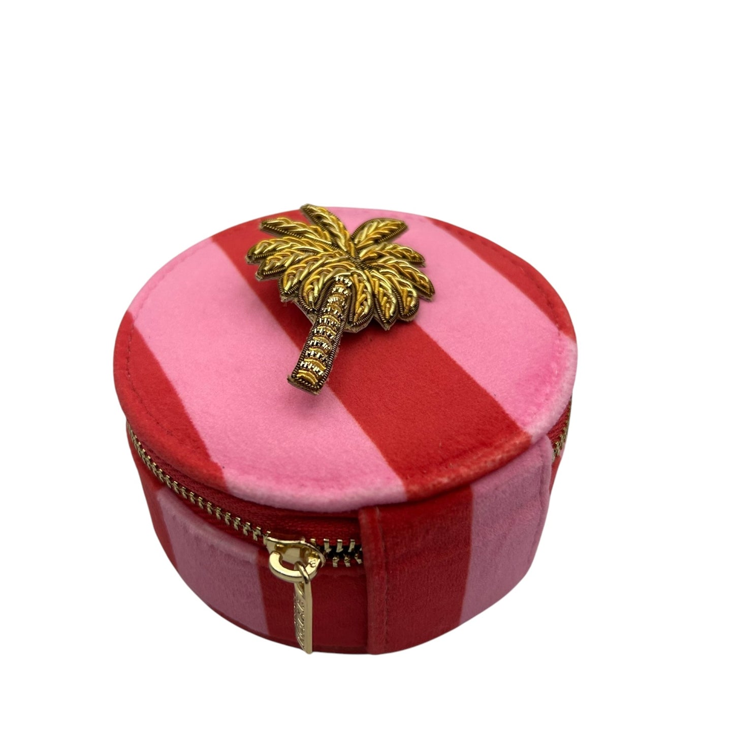 Jewellery Travel Pot in pink stripe - Palm Tree brooch