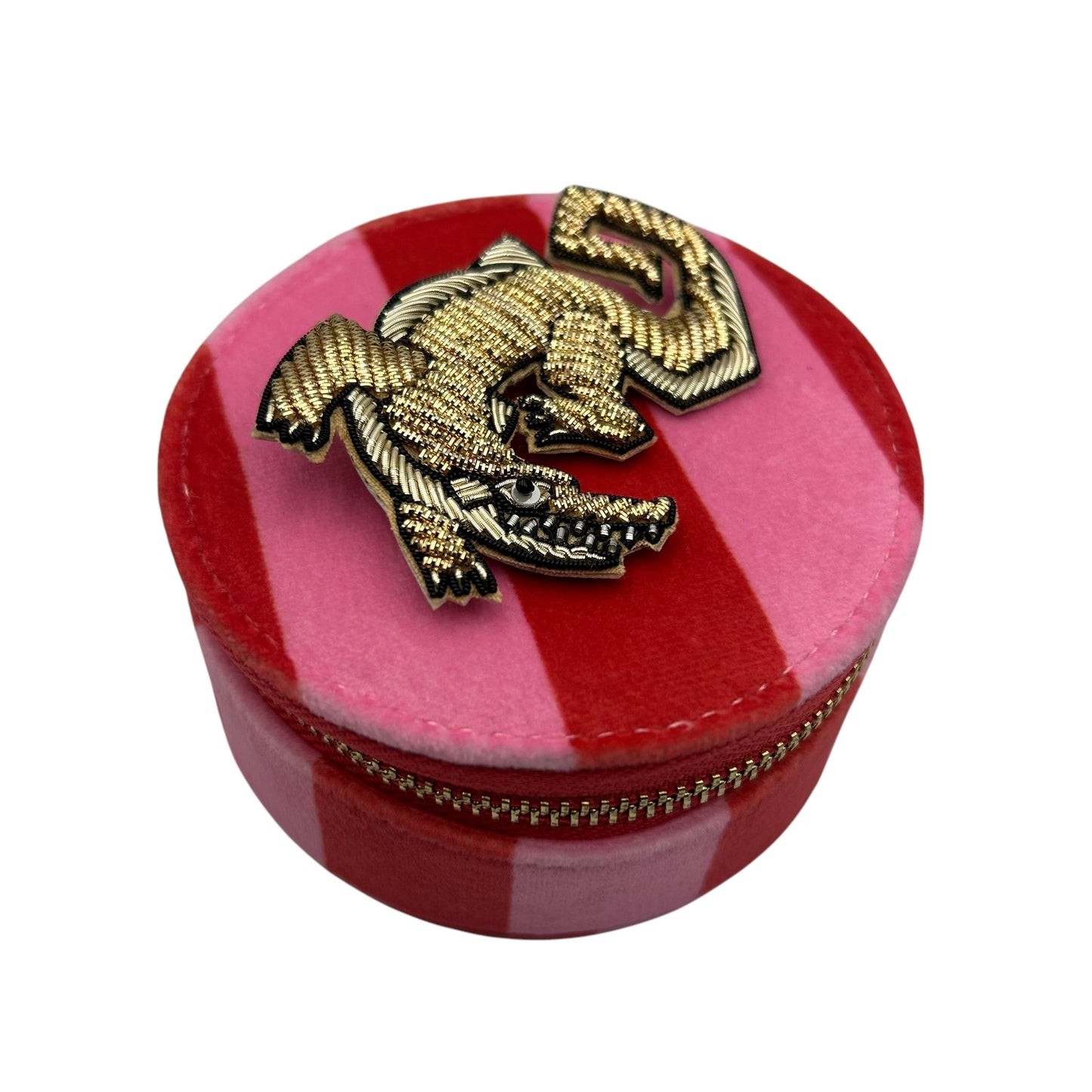 Jewellery Travel Pot in pink stripe - Crocodile brooch