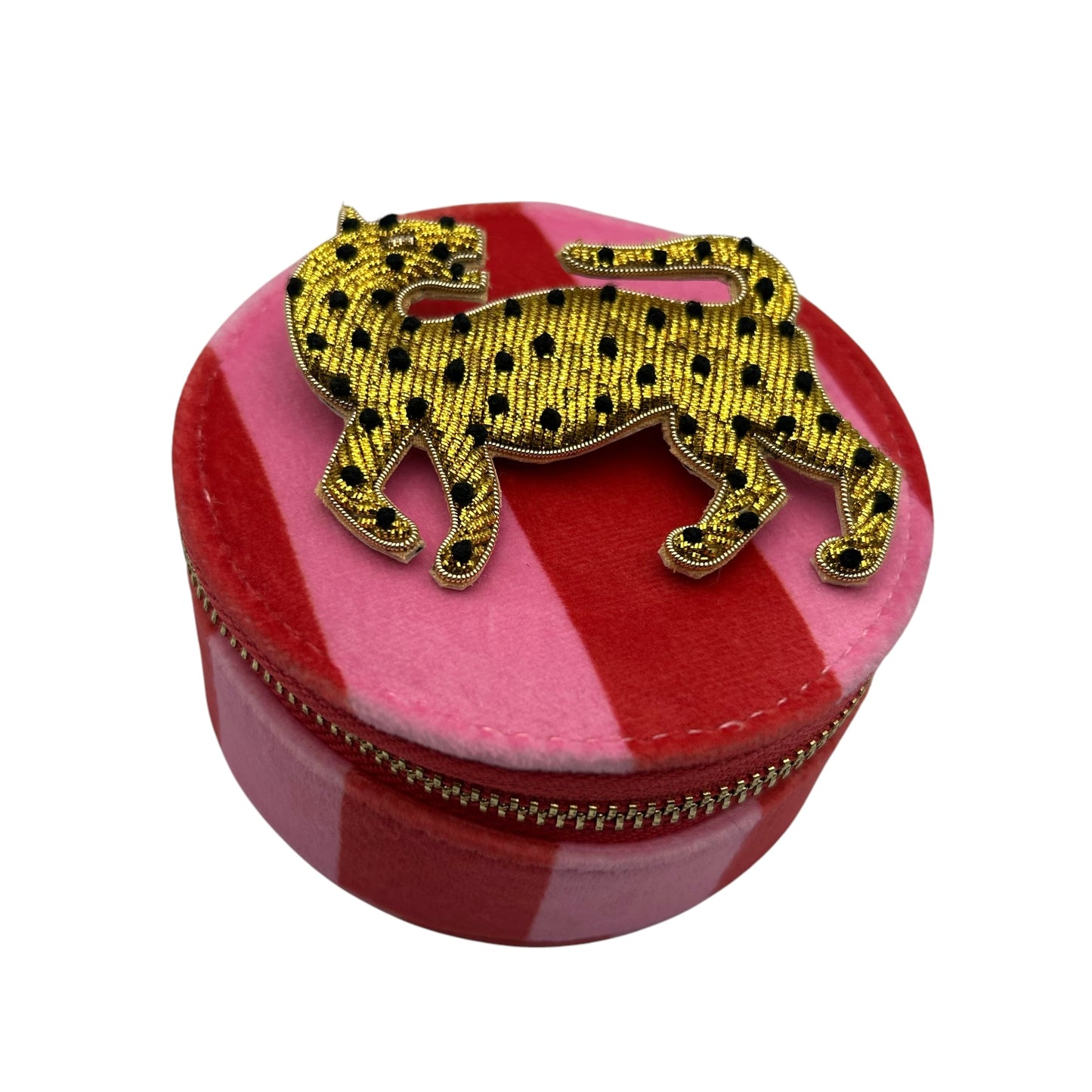 Jewellery Travel Pot in pink stripe - Leopard brooch