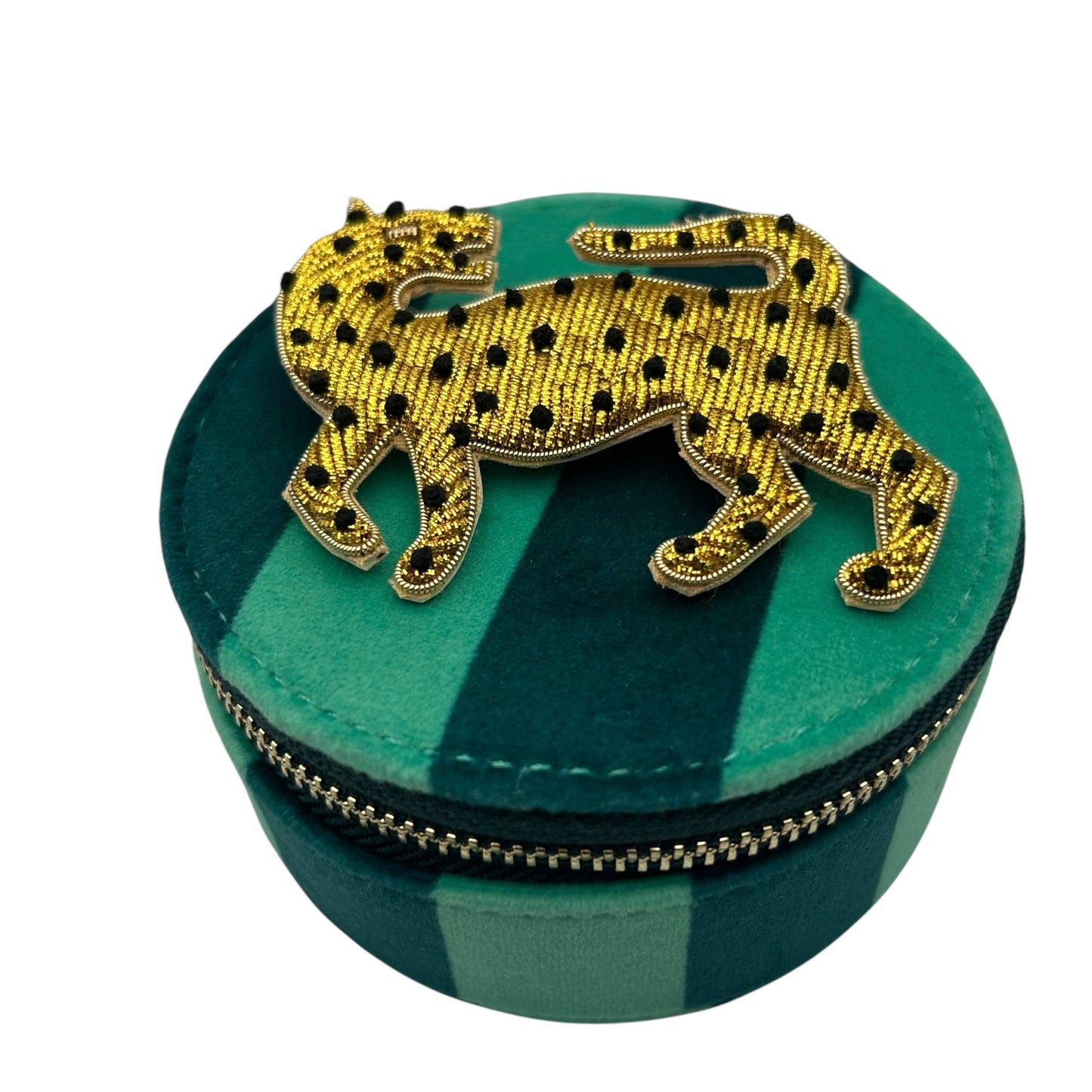 Jewellery Travel Pot in teal stripe - Leopard brooch