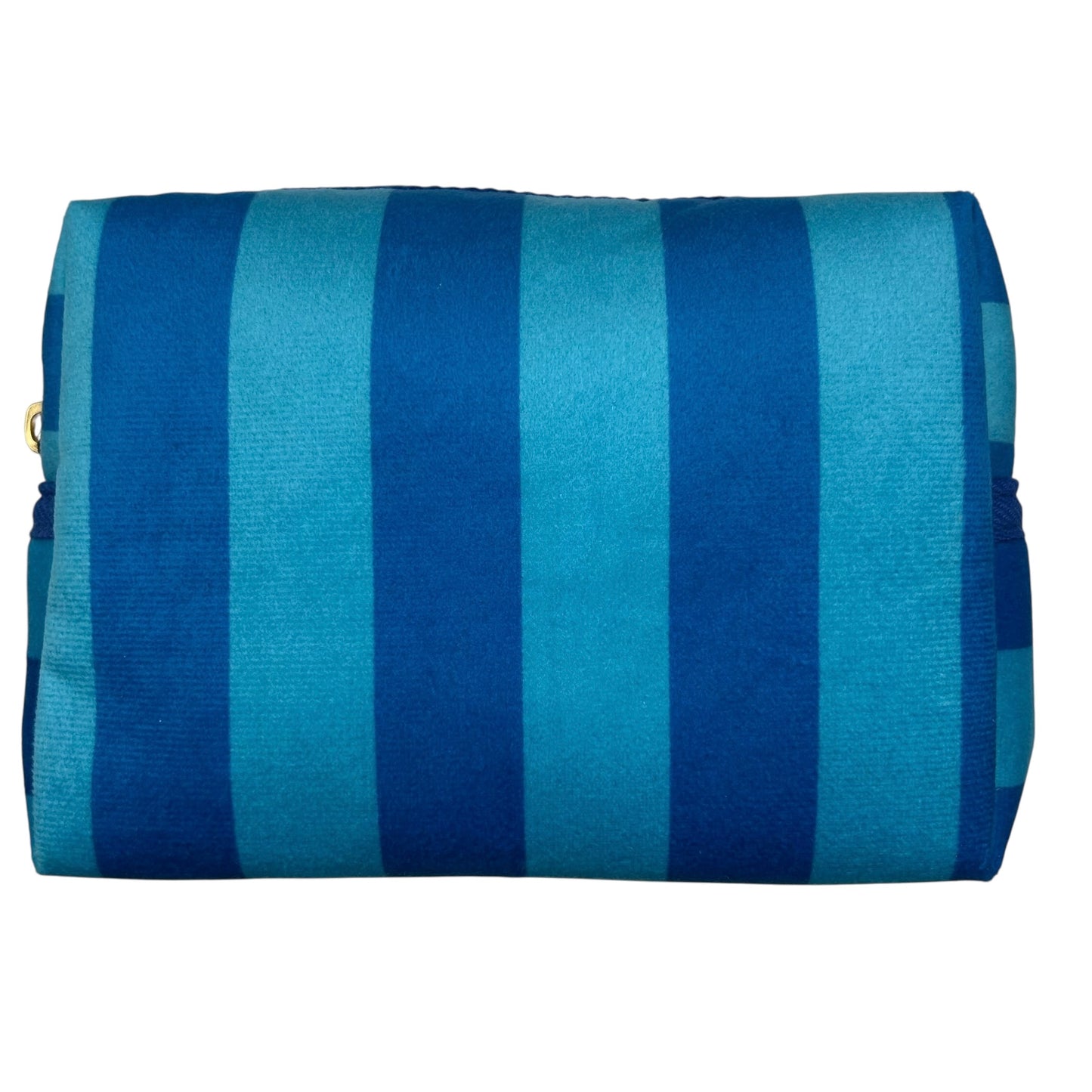 Large blue stripe makeup bag with Crab brooch