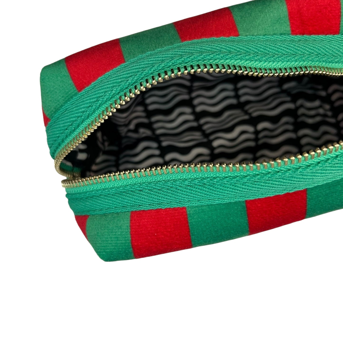 Large green stripe makeup bag with Lobster brooch