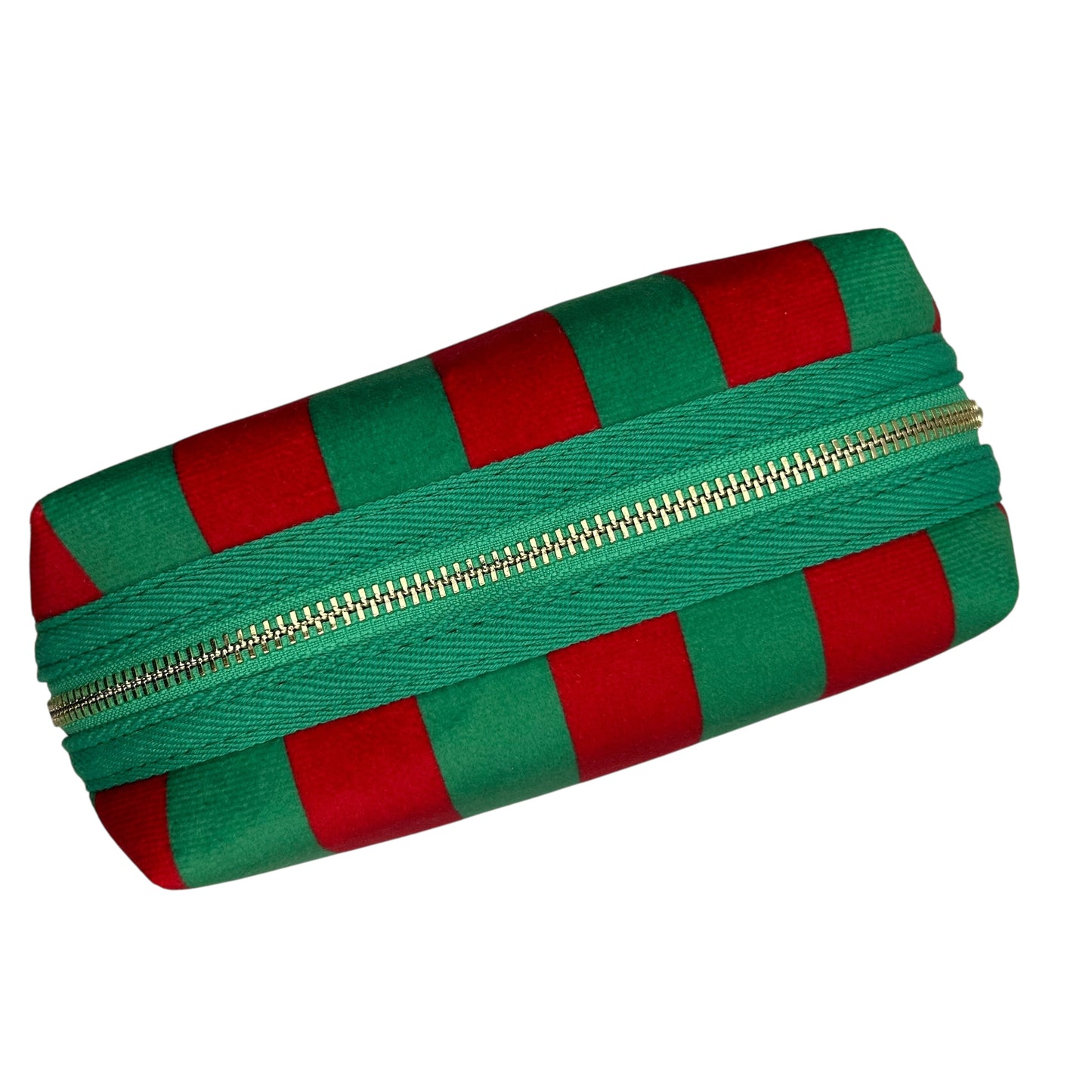 Large green stripe makeup bag with Gold Sparkle Eye brooch