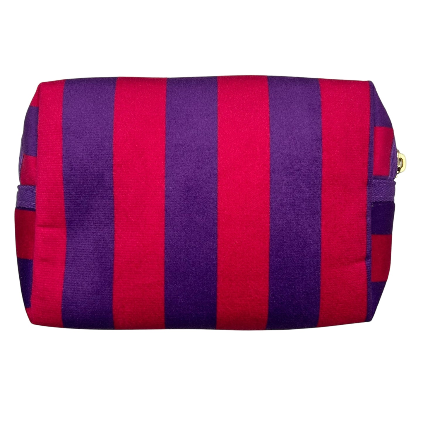 Large purple stripe makeup bag with Golden Eye brooch