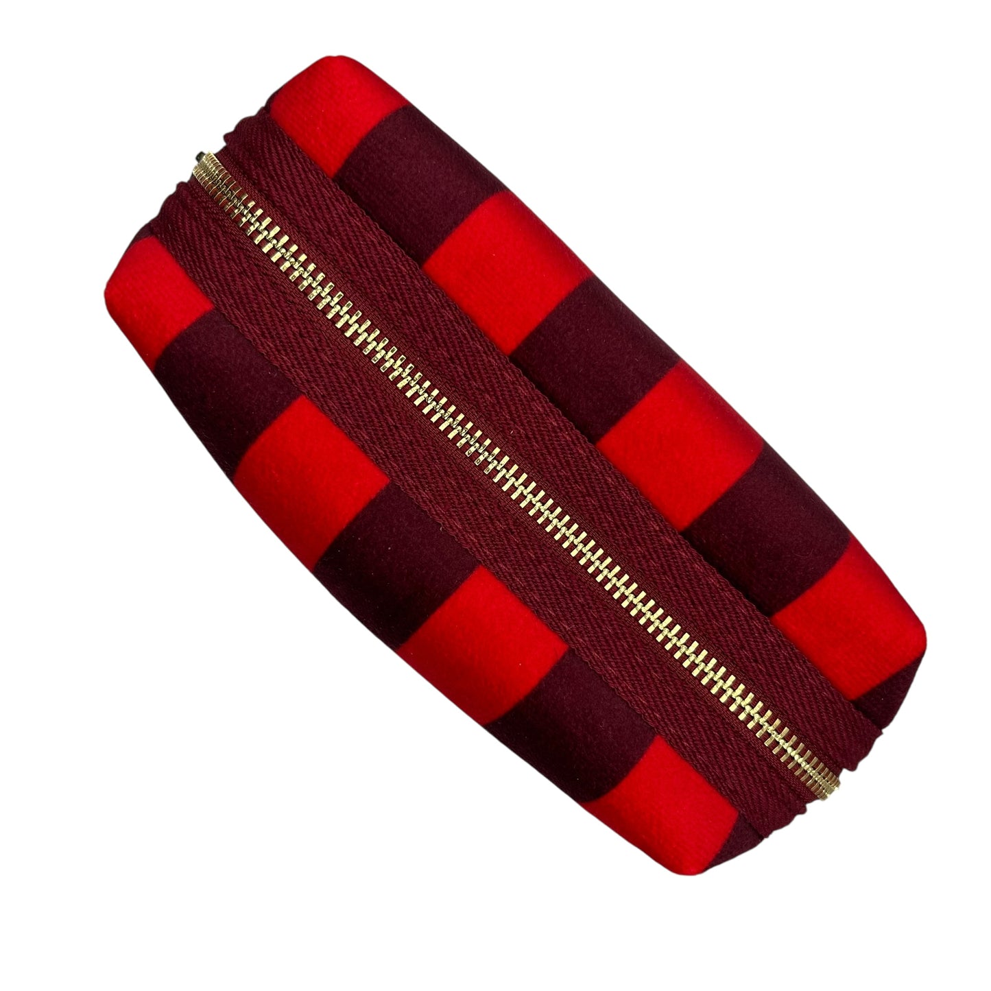 Large red stripe makeup bag with Pineapple brooch