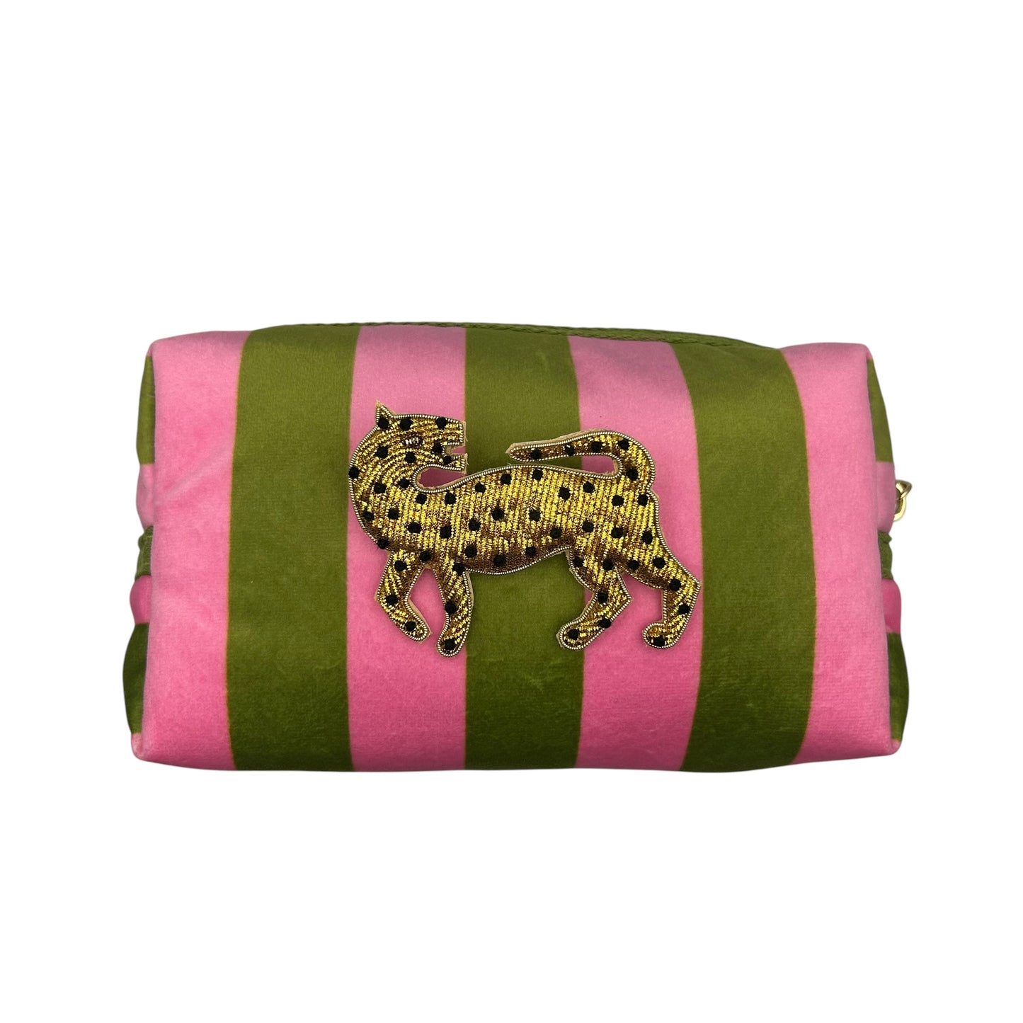 Chartreuse stripe makeup bag with Leopard pin