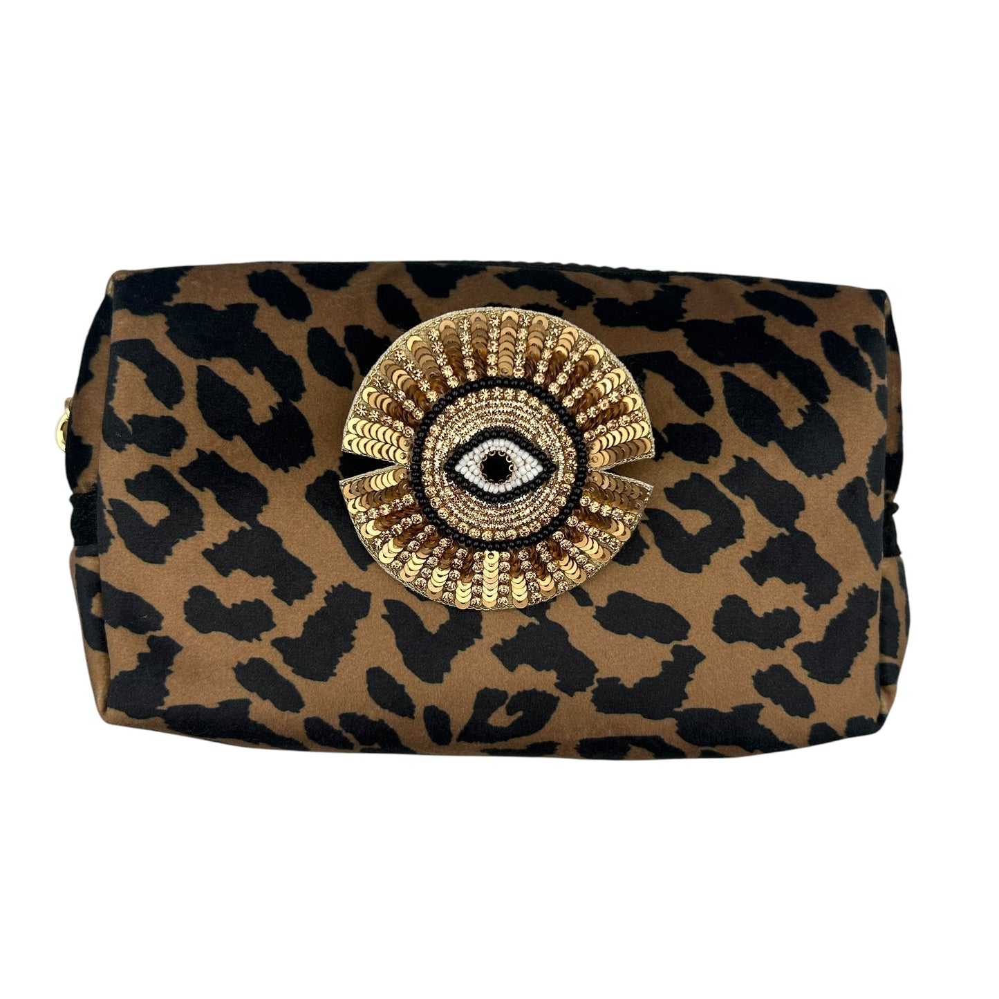 Leopard print makeup bag with Sunray Eye brooch