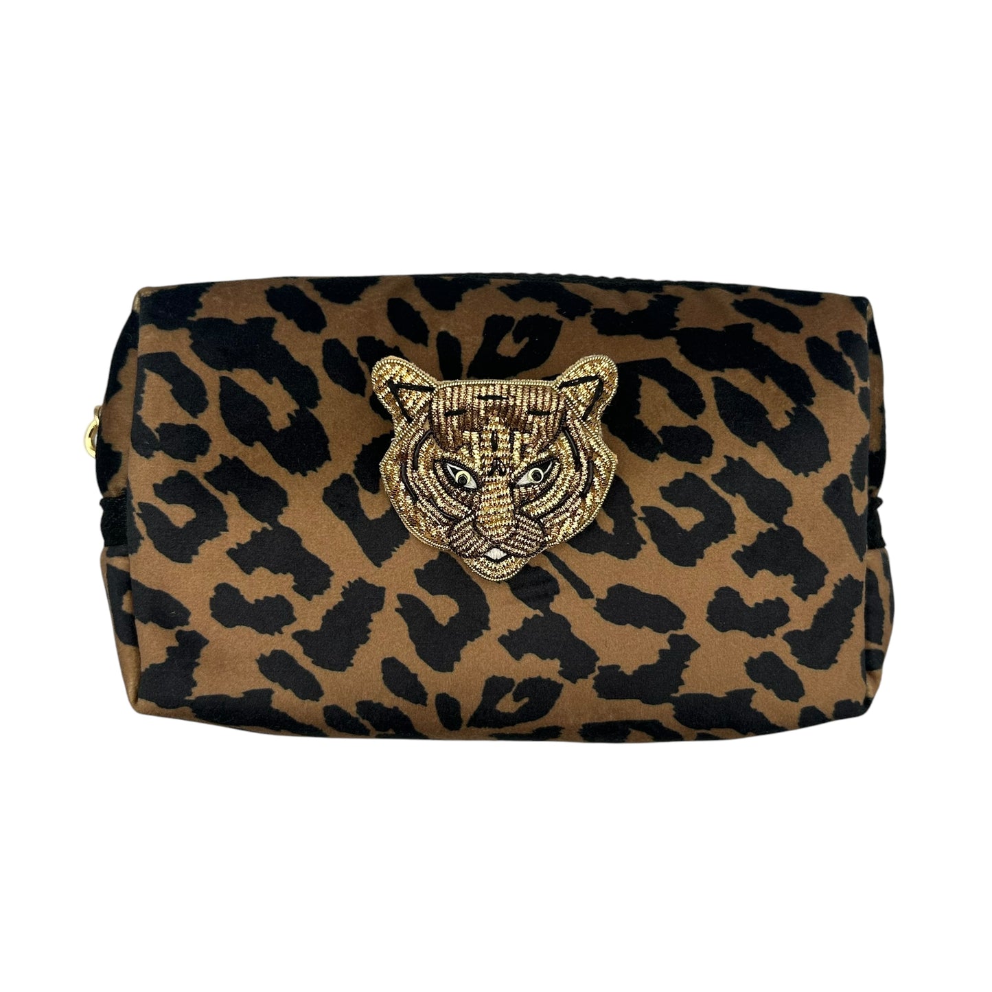 Leopard print makeup bag with Tiger Head brooch