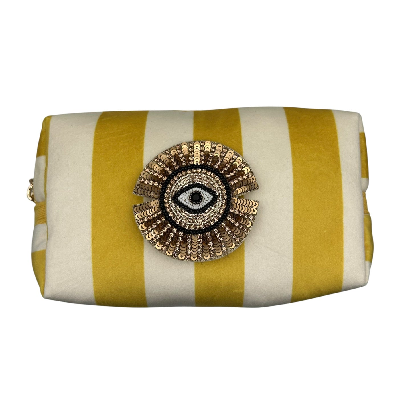 Yellow stripe makeup bag with Sunray Eye pin