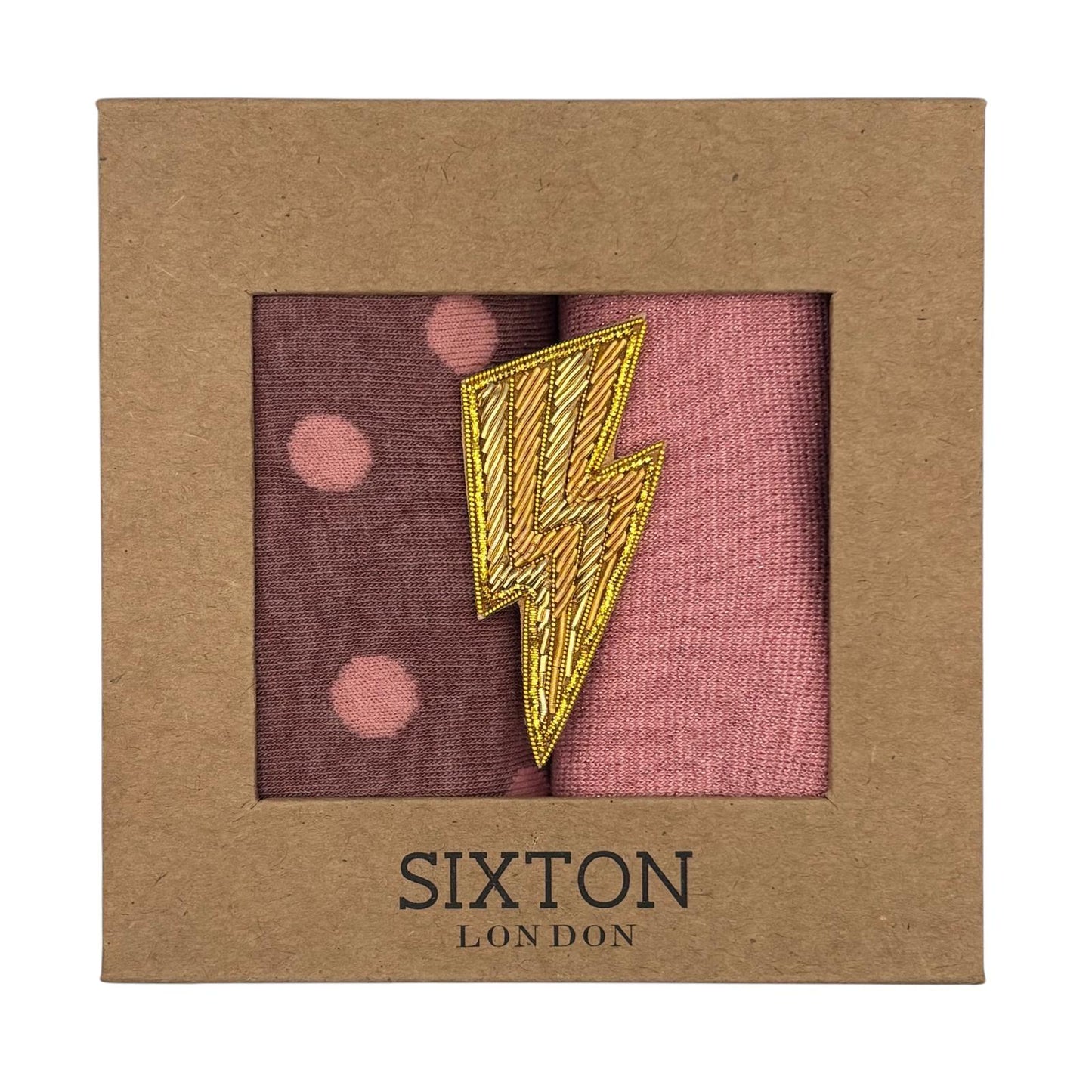 Pink Porto & Pale Pink Tokyo sock box duo with embroidered brooch