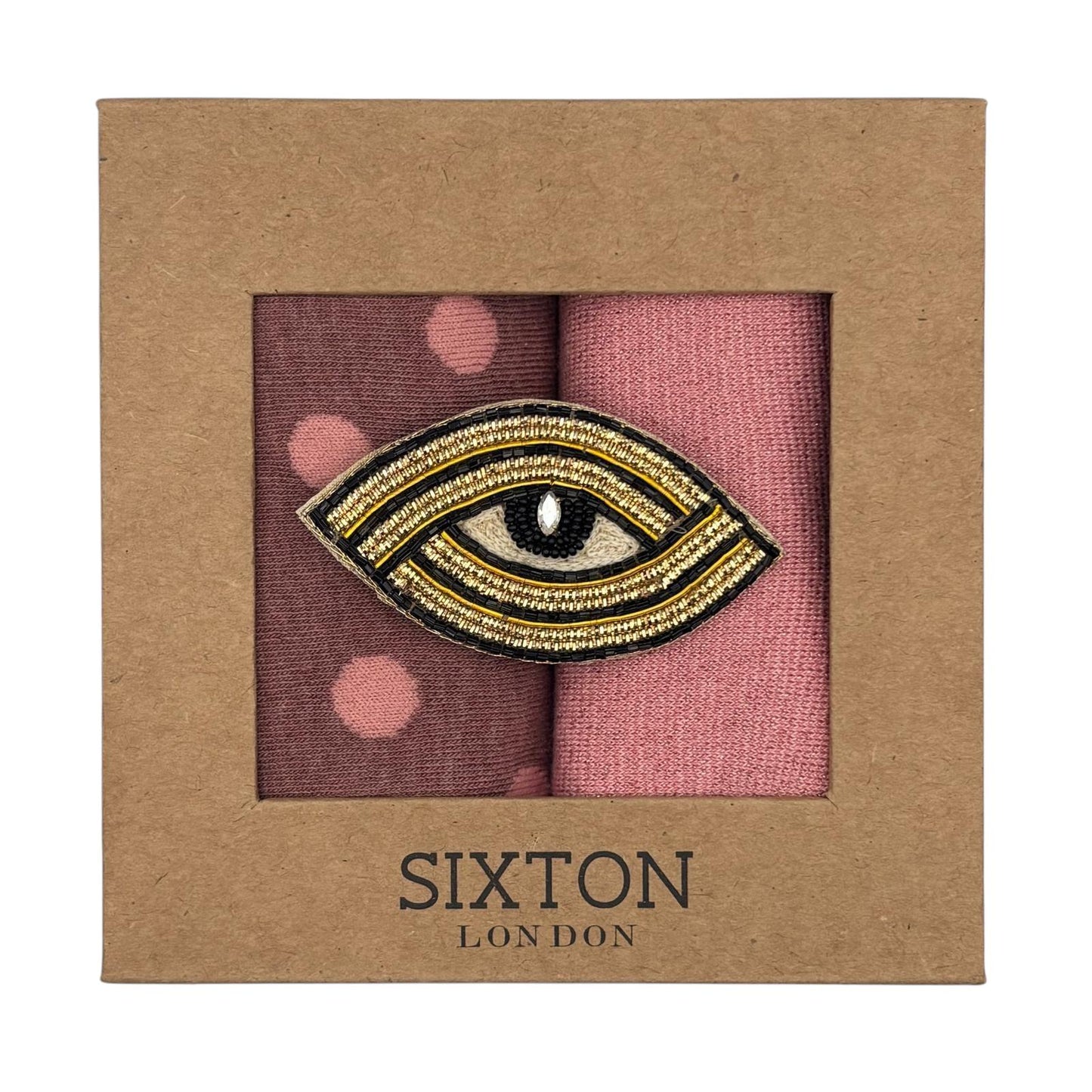Pink Porto & Pale Pink Tokyo sock box duo with embroidered brooch