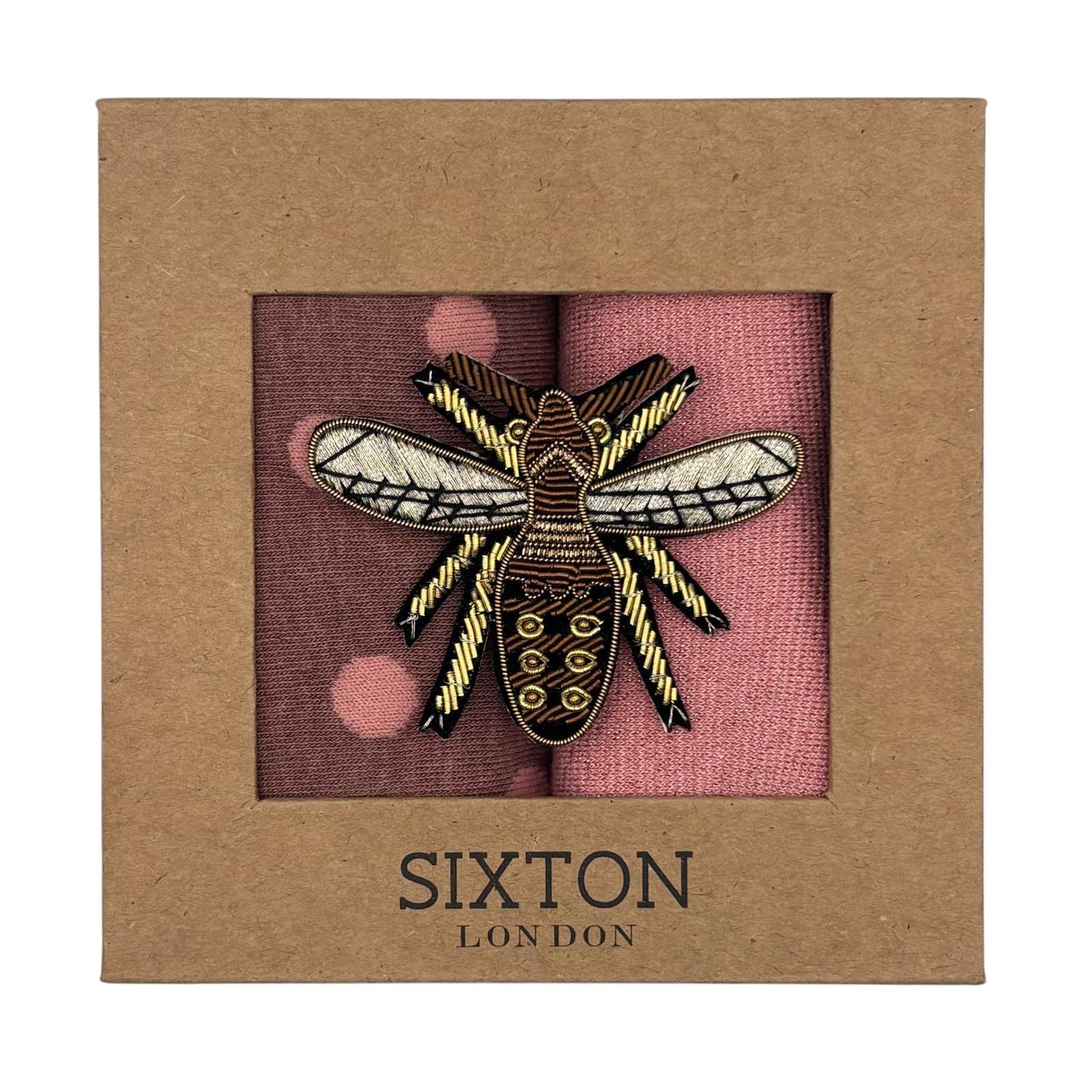 Pink Porto & Pale Pink Tokyo sock box duo with embroidered brooch