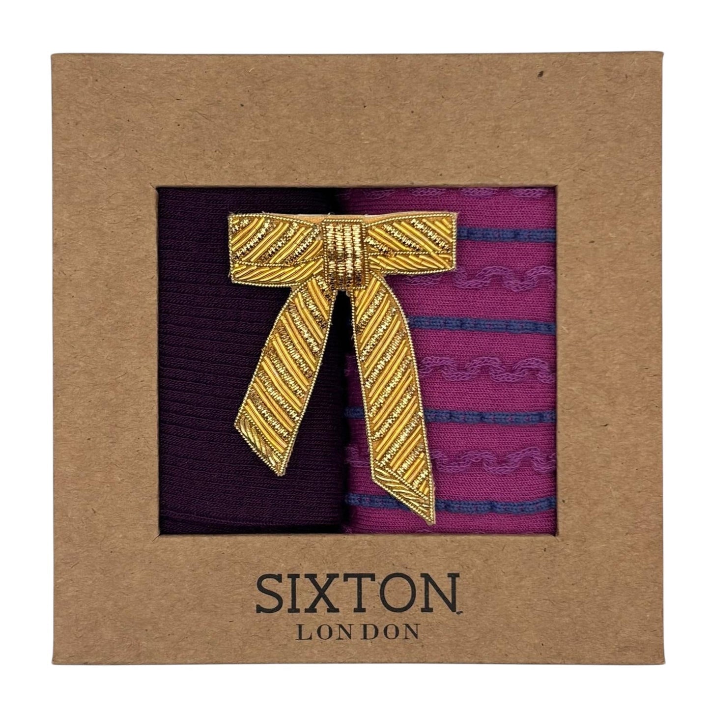 Purple Barcelona & Lyon sock box duo with embroidered brooch