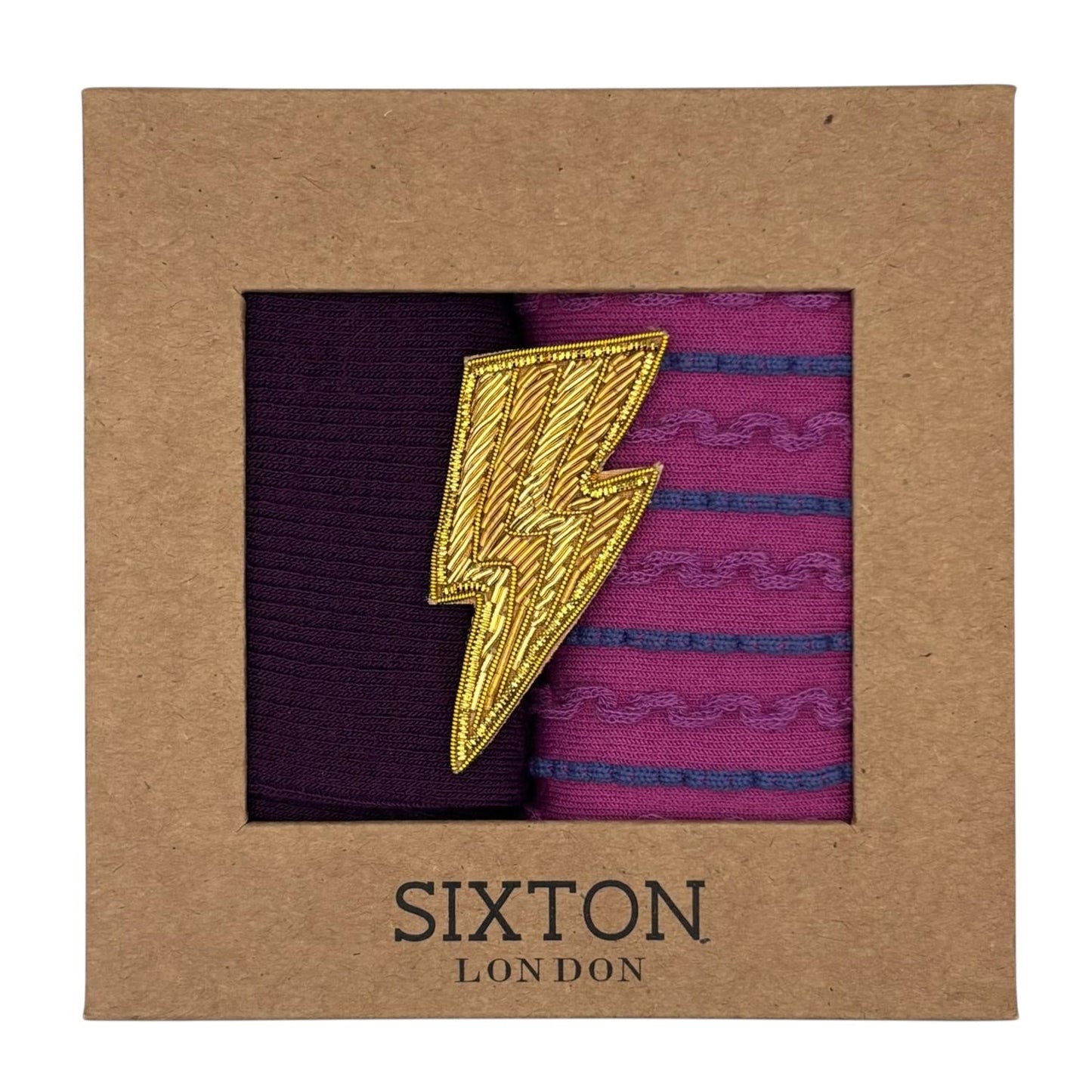 Purple Barcelona & Lyon sock box duo with embroidered brooch