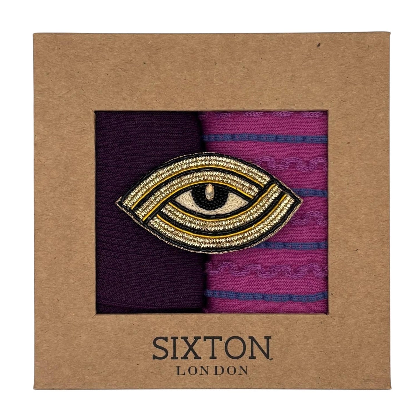Purple Barcelona & Lyon sock box duo with embroidered brooch
