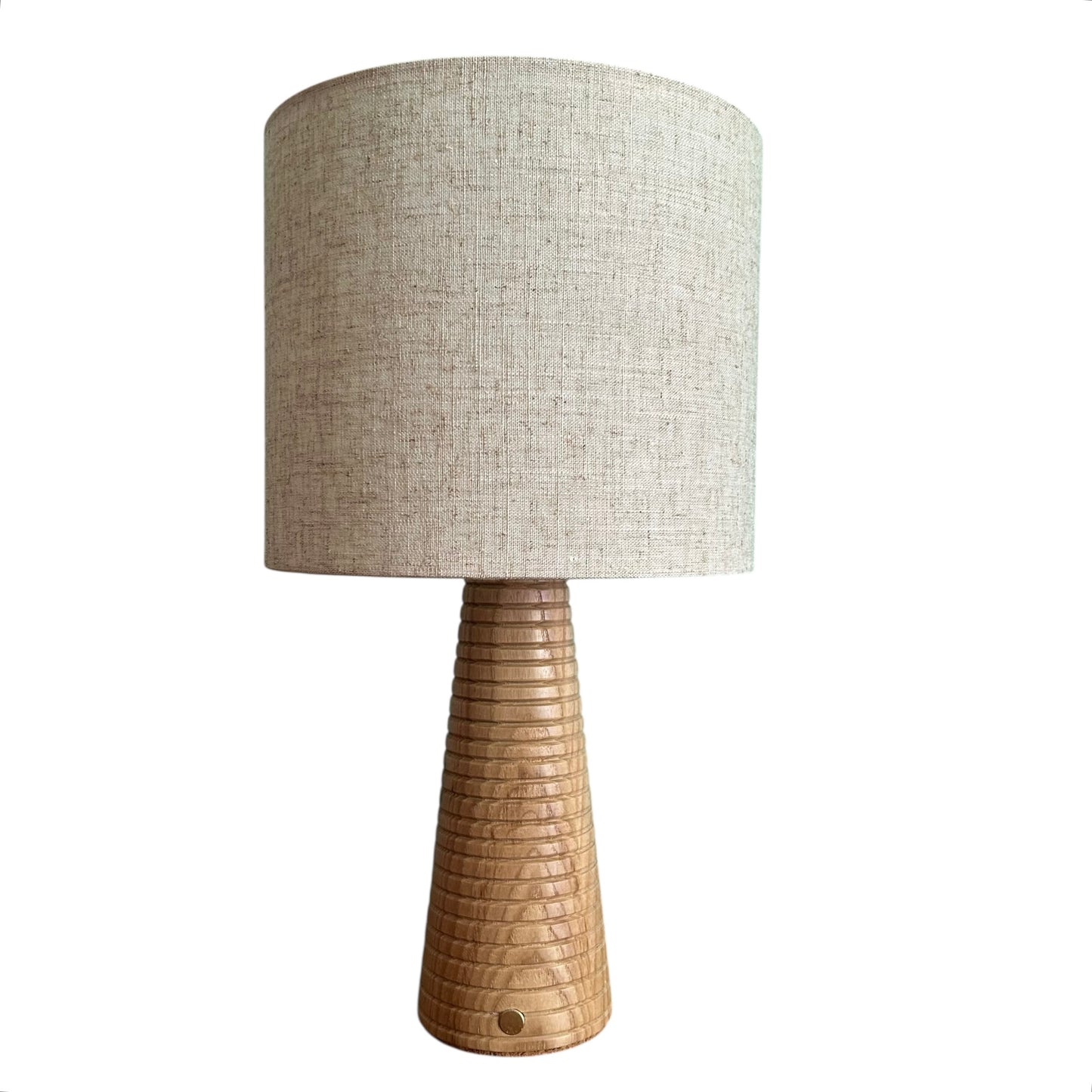 Ribbed Beech style rechargeable touch lamp with cream shade