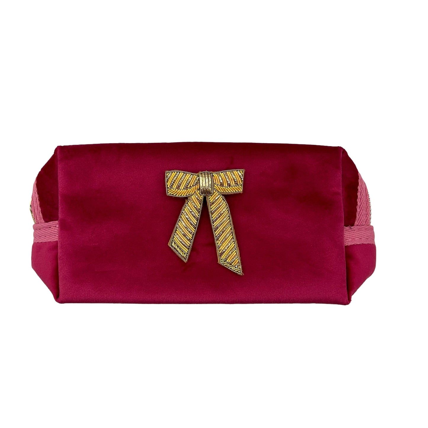 Bright pink makeup bag with Bow brooch