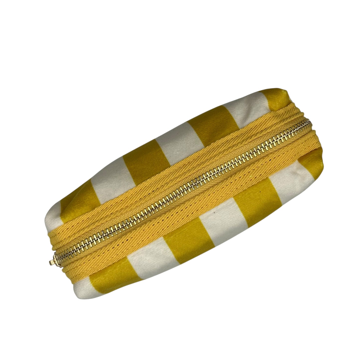 Yellow stripe makeup bag with Linear Eye Brooch