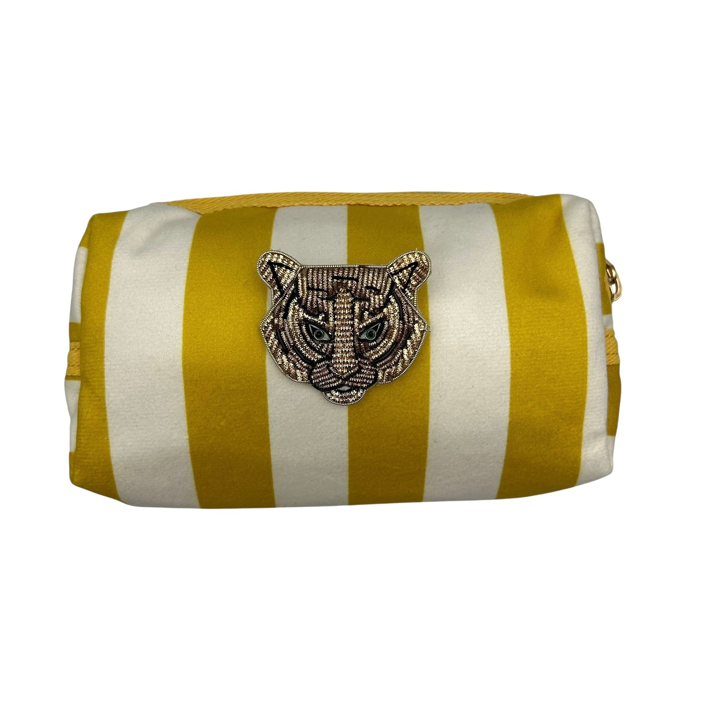 Yellow stripe makeup bag with Tiger Head Brooch