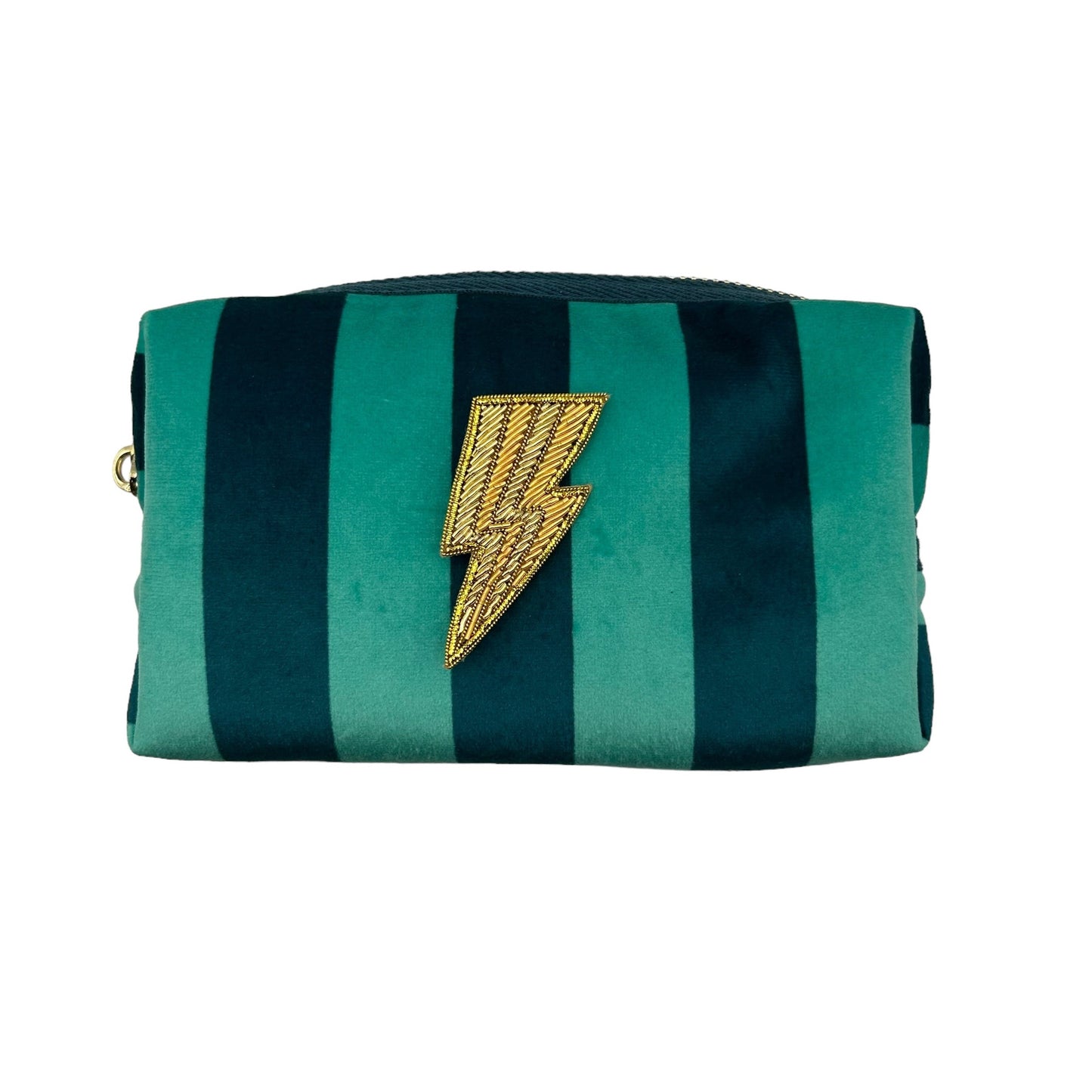 Teal stripe makeup bag with Lightning Bolt pin