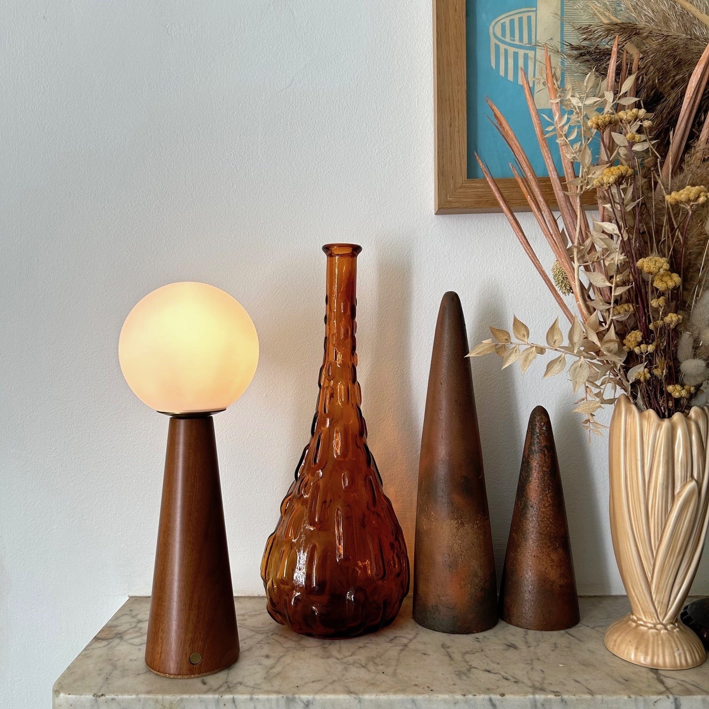 Large Deco Cone Teak style rechargeable touch lamp