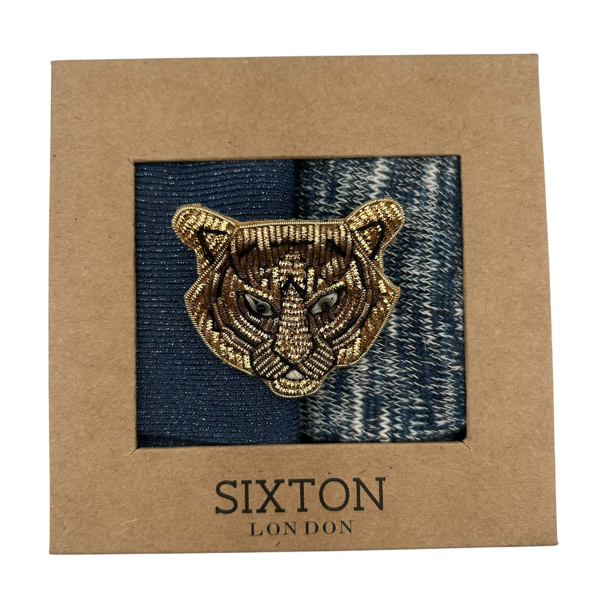 Blue Vegas & Blue Fargo sock box duo with embroidered brooch