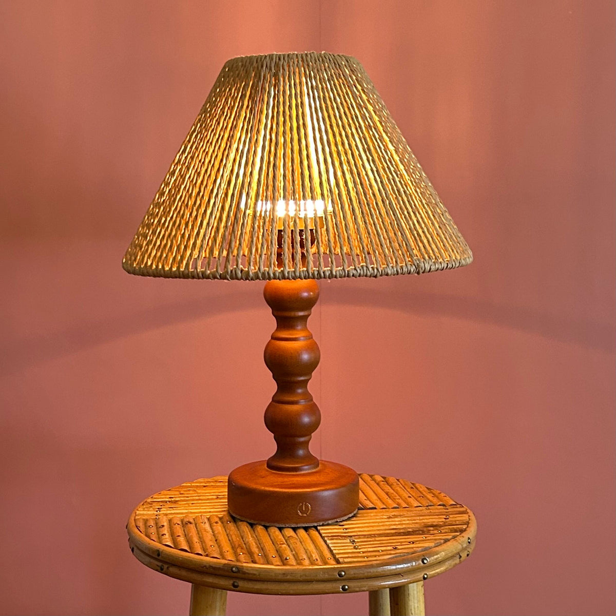 Bobbin Teak style rechargeable touch lamp with Rope shade
