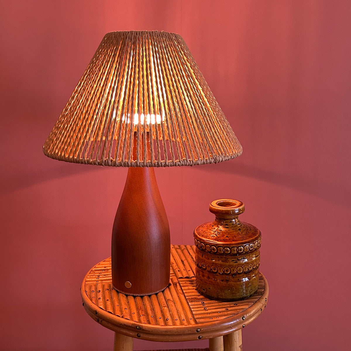 Bottle Teak style rechargeable touch lamp with Rope shade
