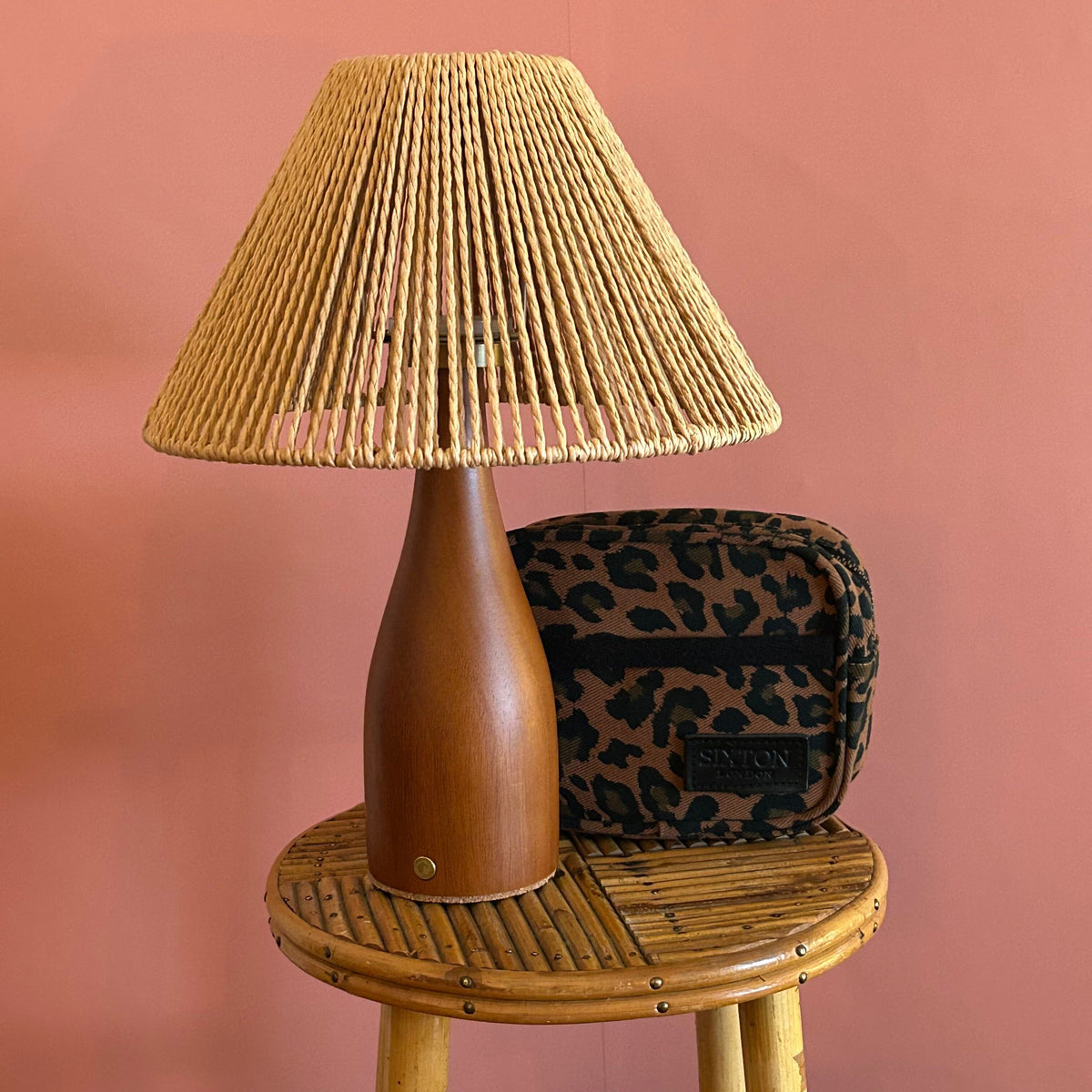 Bottle Teak style rechargeable touch lamp with Rope shade