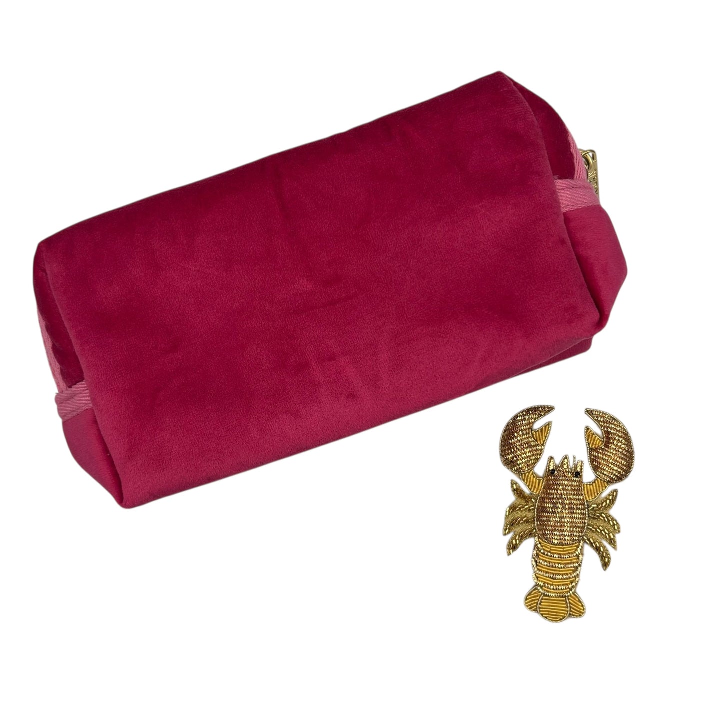 Bright pink makeup bag with detachable Lobster brooch
