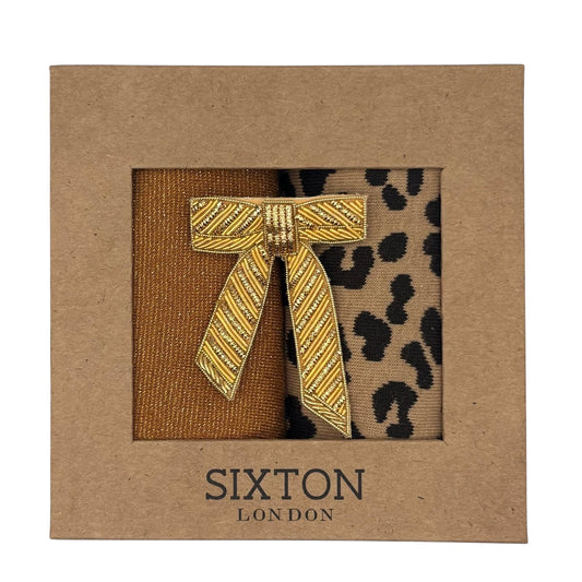 Copper Tokyo & Sand Leopard sock box duo with embroidered brooch