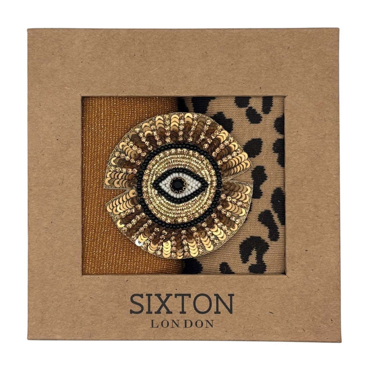 Copper Tokyo & Sand Leopard sock box duo with embroidered brooch