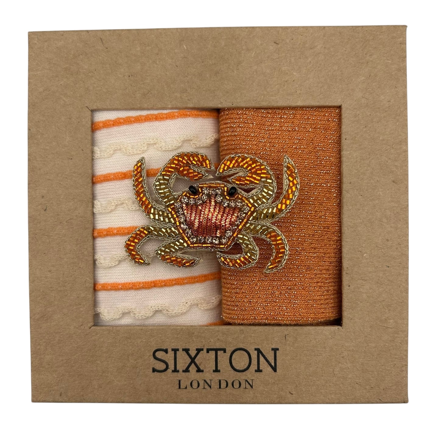 Cream Lyon & Orange Vegas sock box duo with embroidered brooch