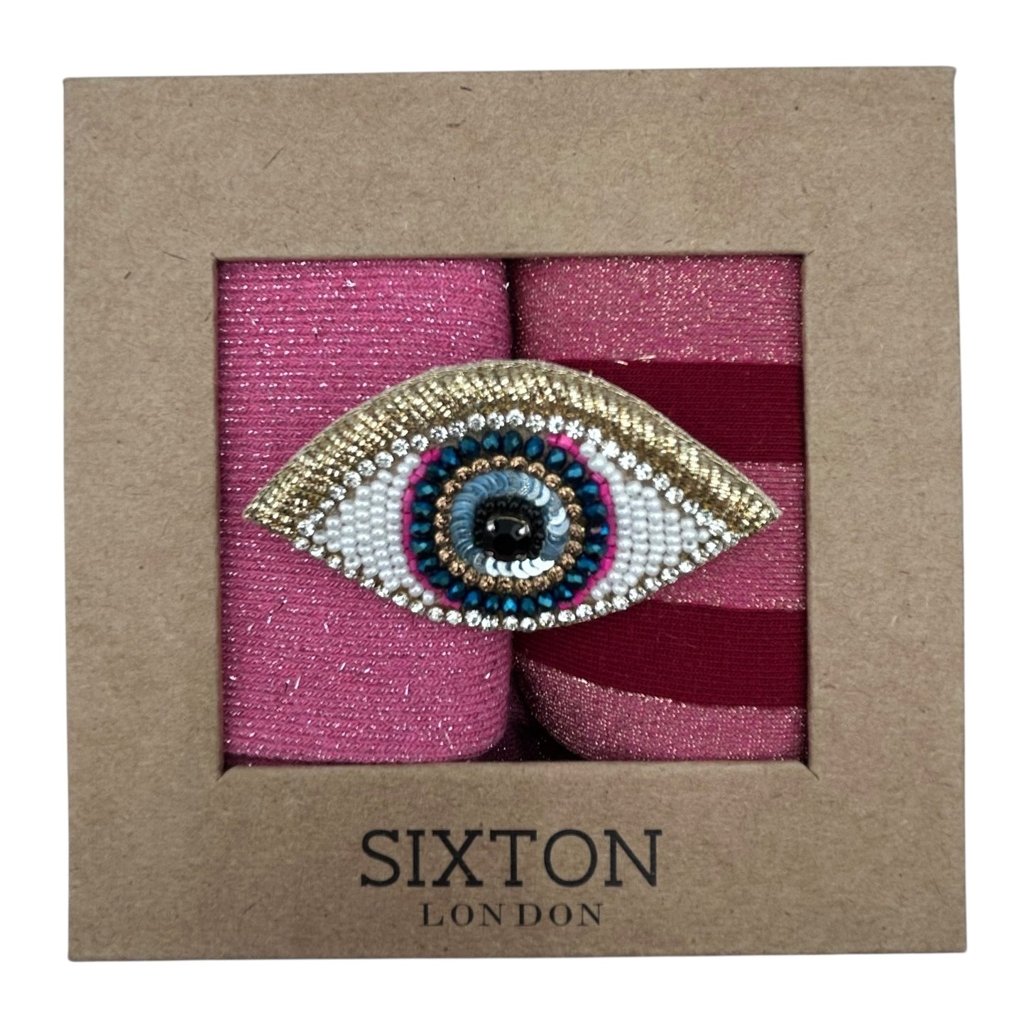 Dark Pink Vegas & Red Berlin sock box duo with embroidered brooch