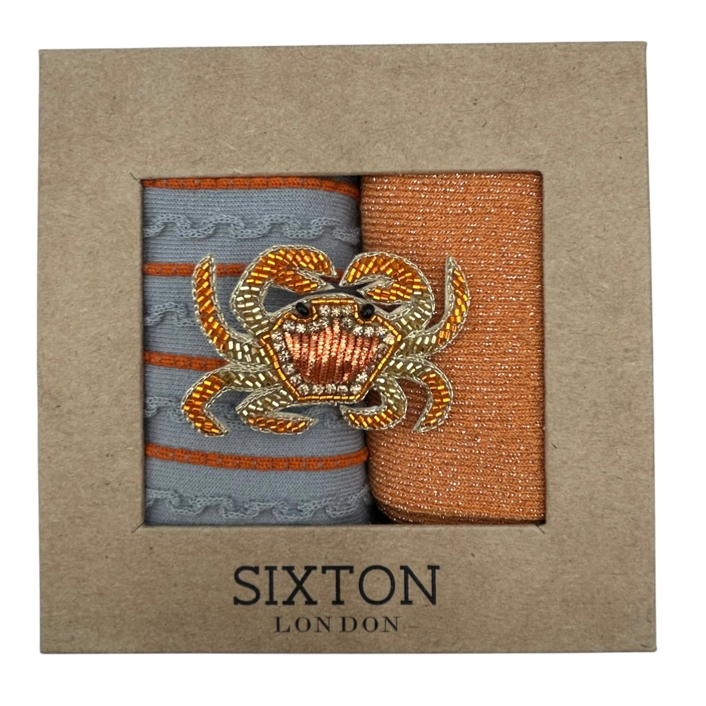 Grey Lyon & Orange Vegas sock box duo with embroidered brooch