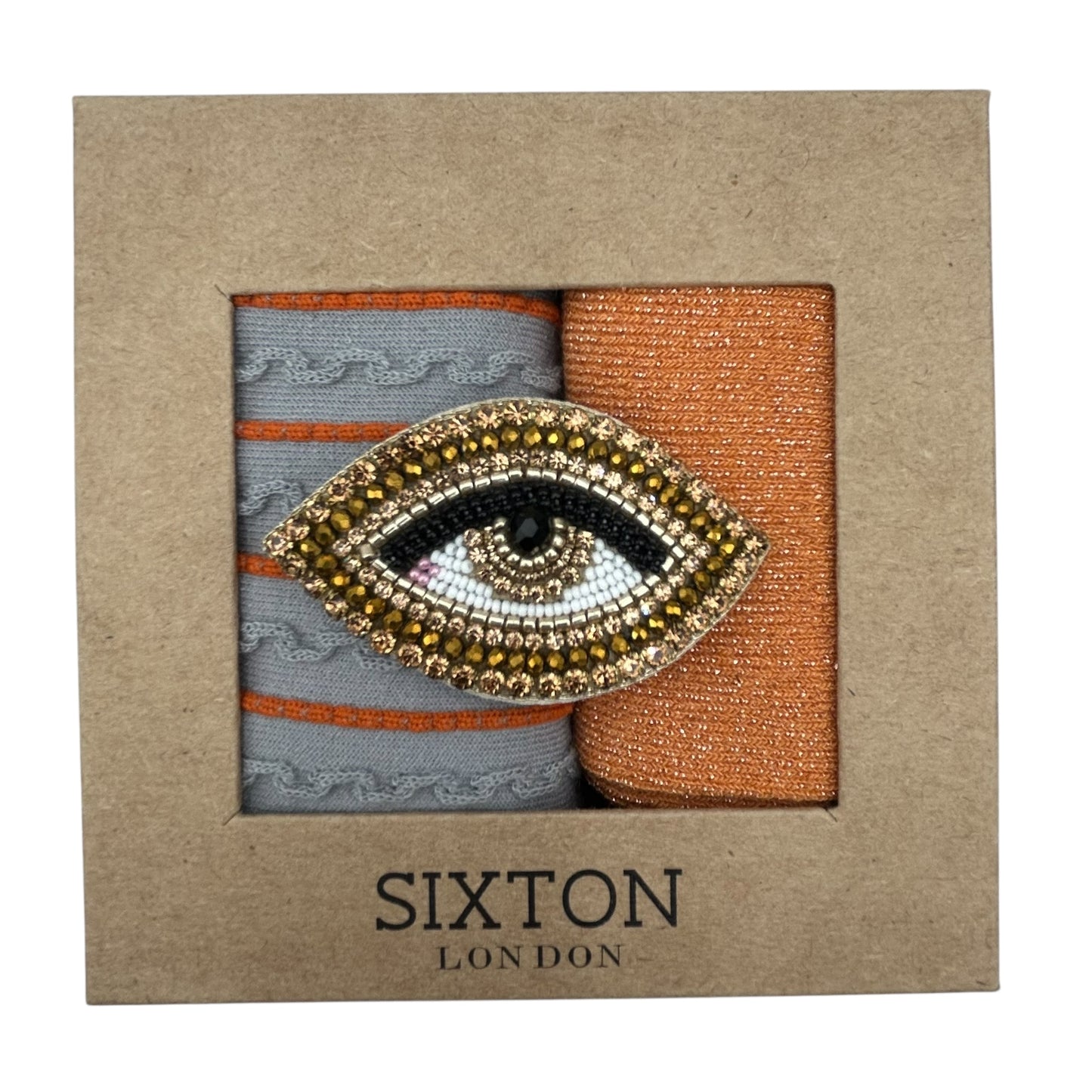 Grey Lyon & Orange Vegas sock box duo with embroidered brooch