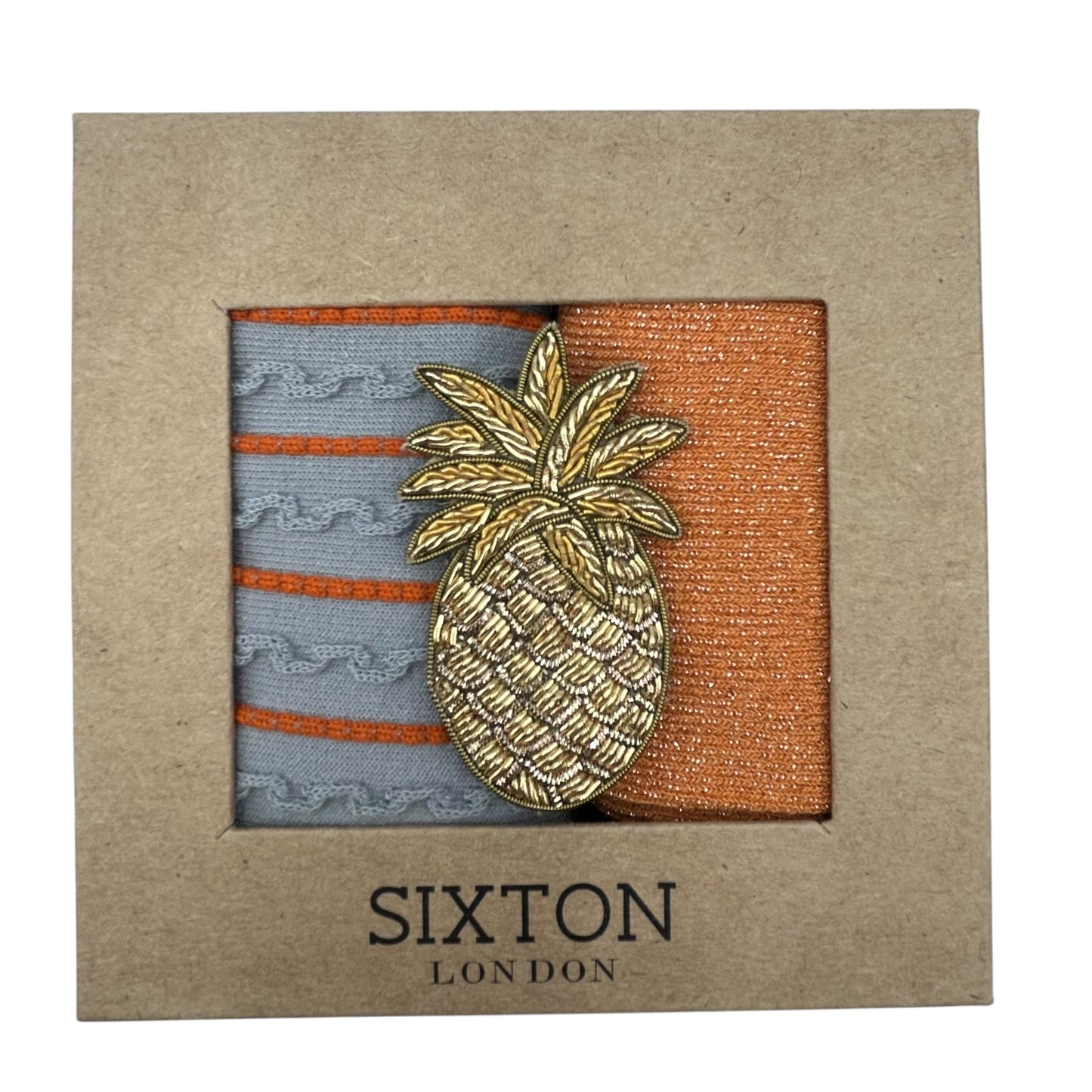 Grey Lyon & Orange Vegas sock box duo with embroidered brooch