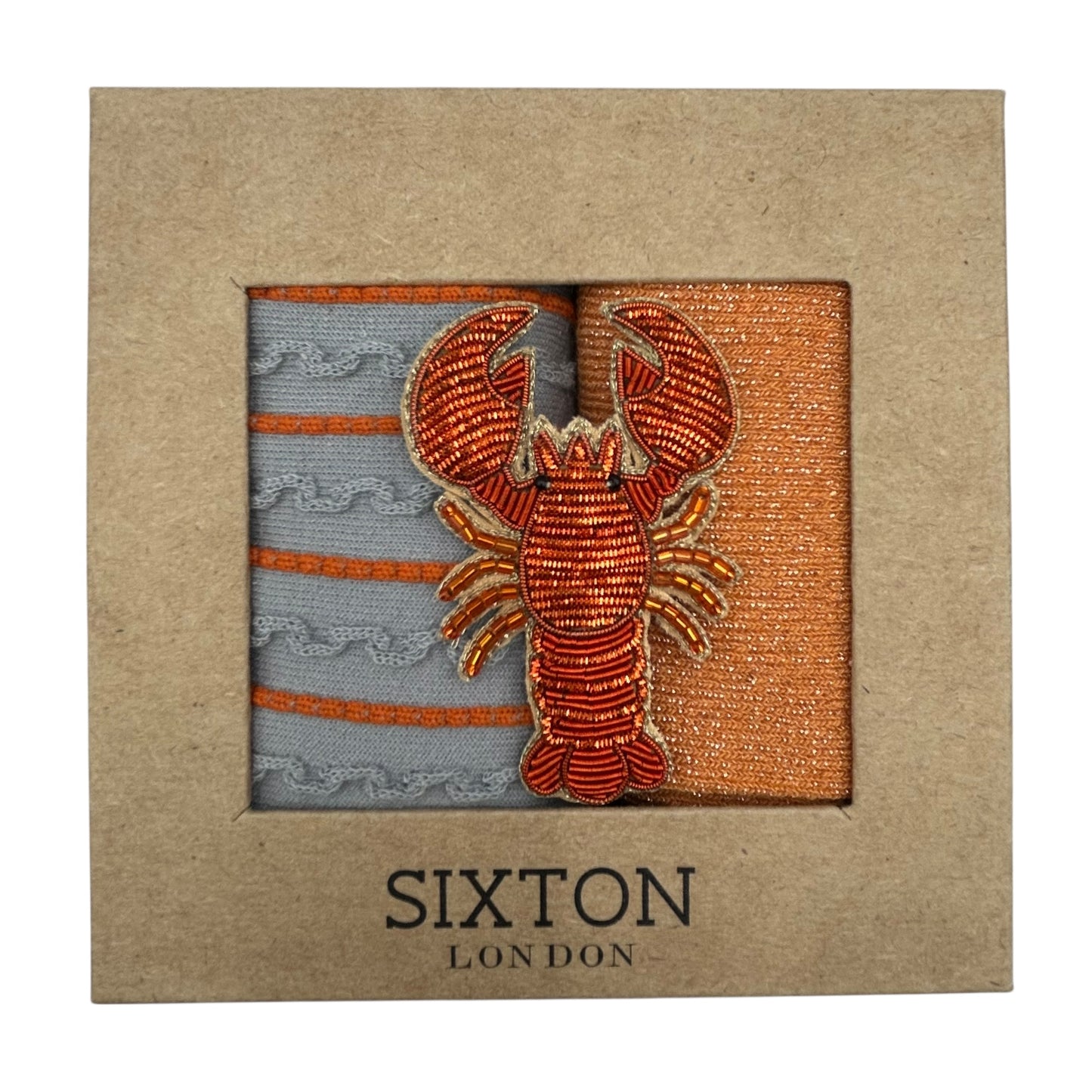 Grey Lyon & Orange Vegas sock box duo with embroidered brooch