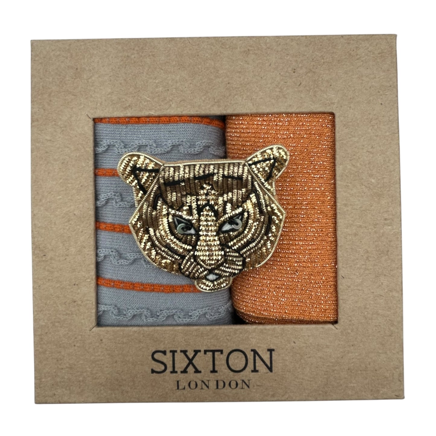 Grey Lyon & Orange Vegas sock box duo with embroidered brooch