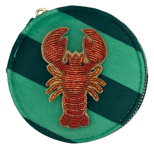 Jewellery Travel Pot in teal stripe - Red lobster brooch