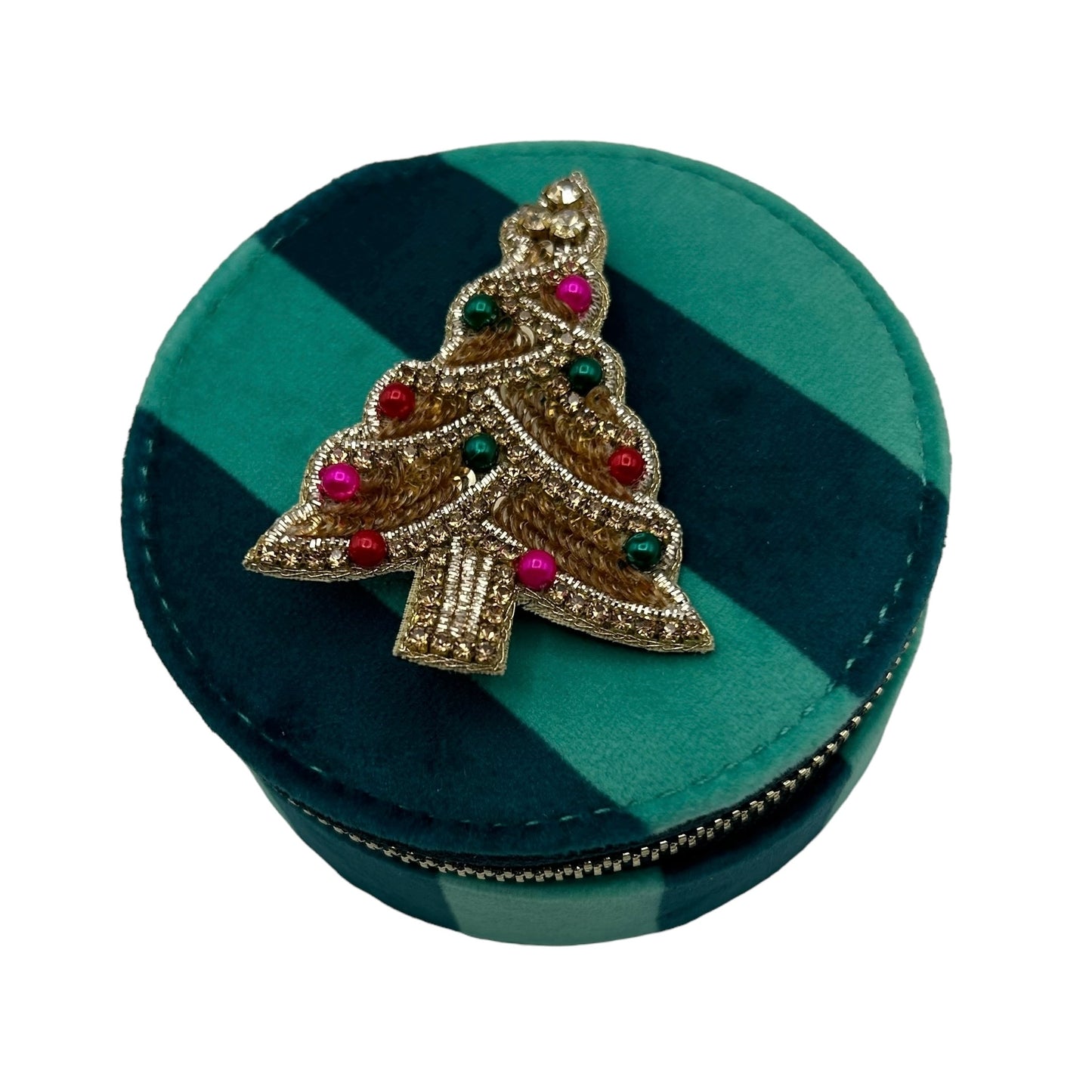 Jewellery Travel Pot in teal stripe - Kitsch Tree brooch