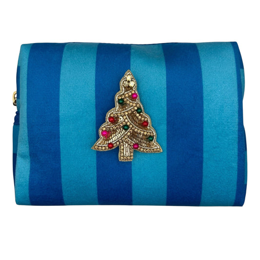 Large blue stripe makeup bag with Christmas Tree brooch
