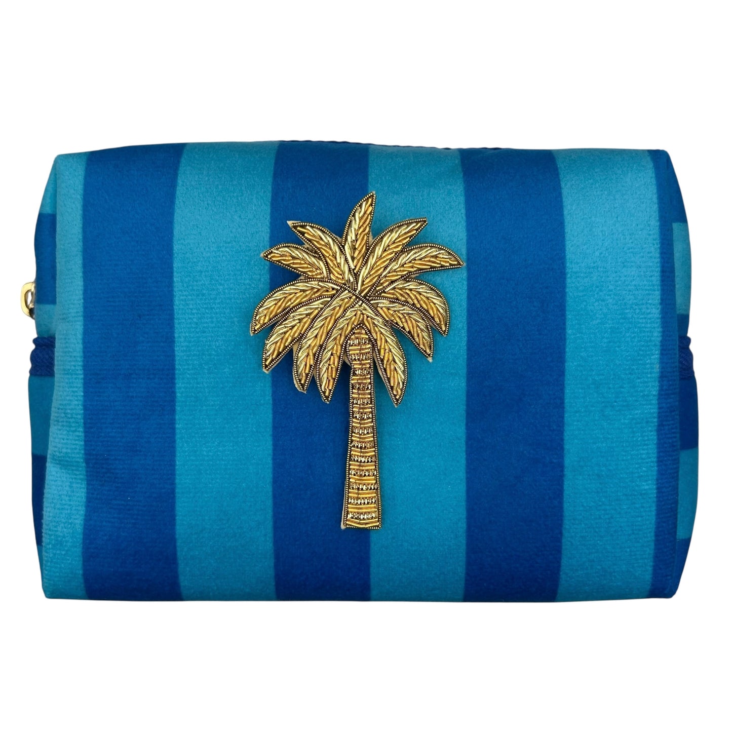 Large blue stripe makeup bag with Palm Tree brooch