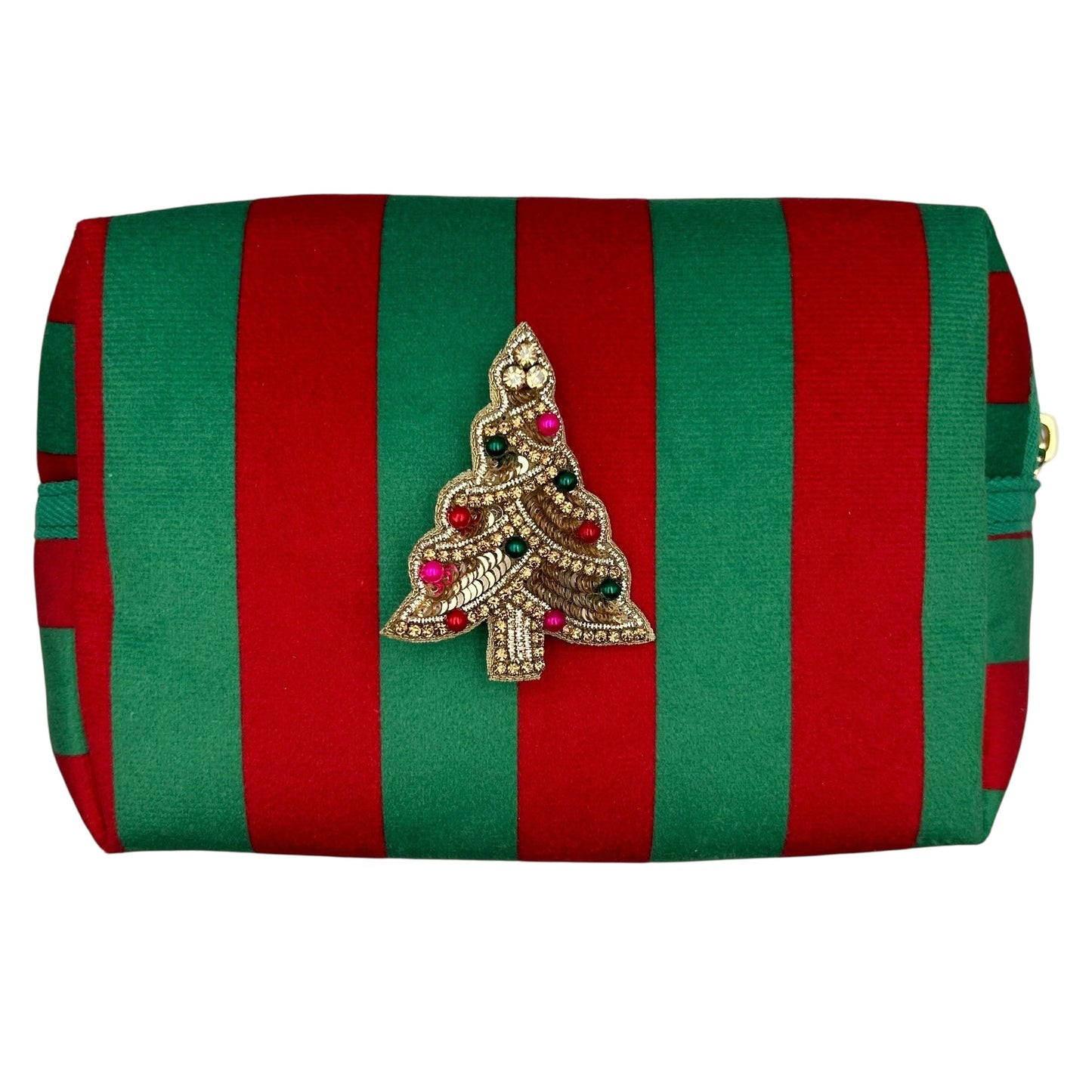Large green stripe makeup bag with Christmas Tree brooch
