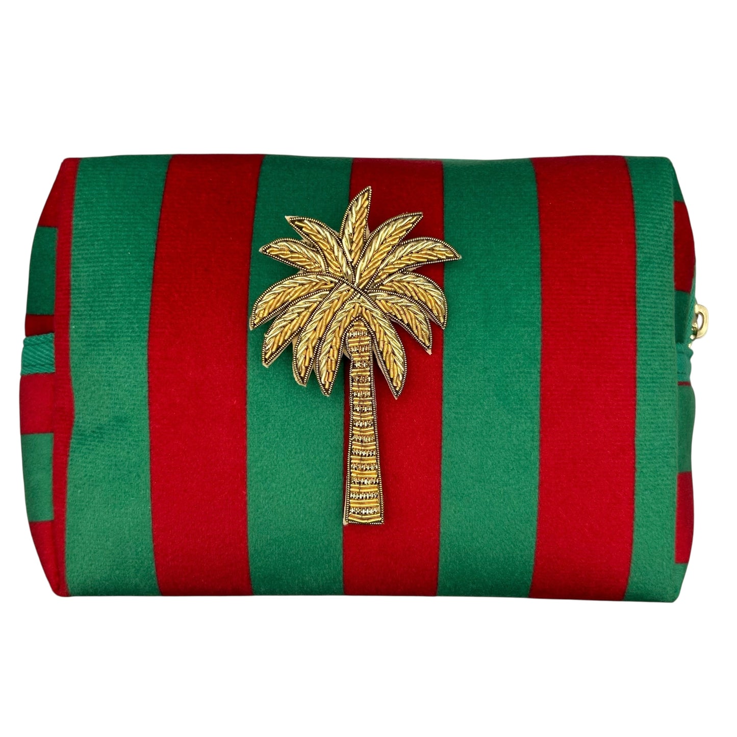 Large green stripe makeup bag with Palm Tree brooch