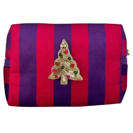 Large purple stripe makeup bag with Christmas Tree brooch
