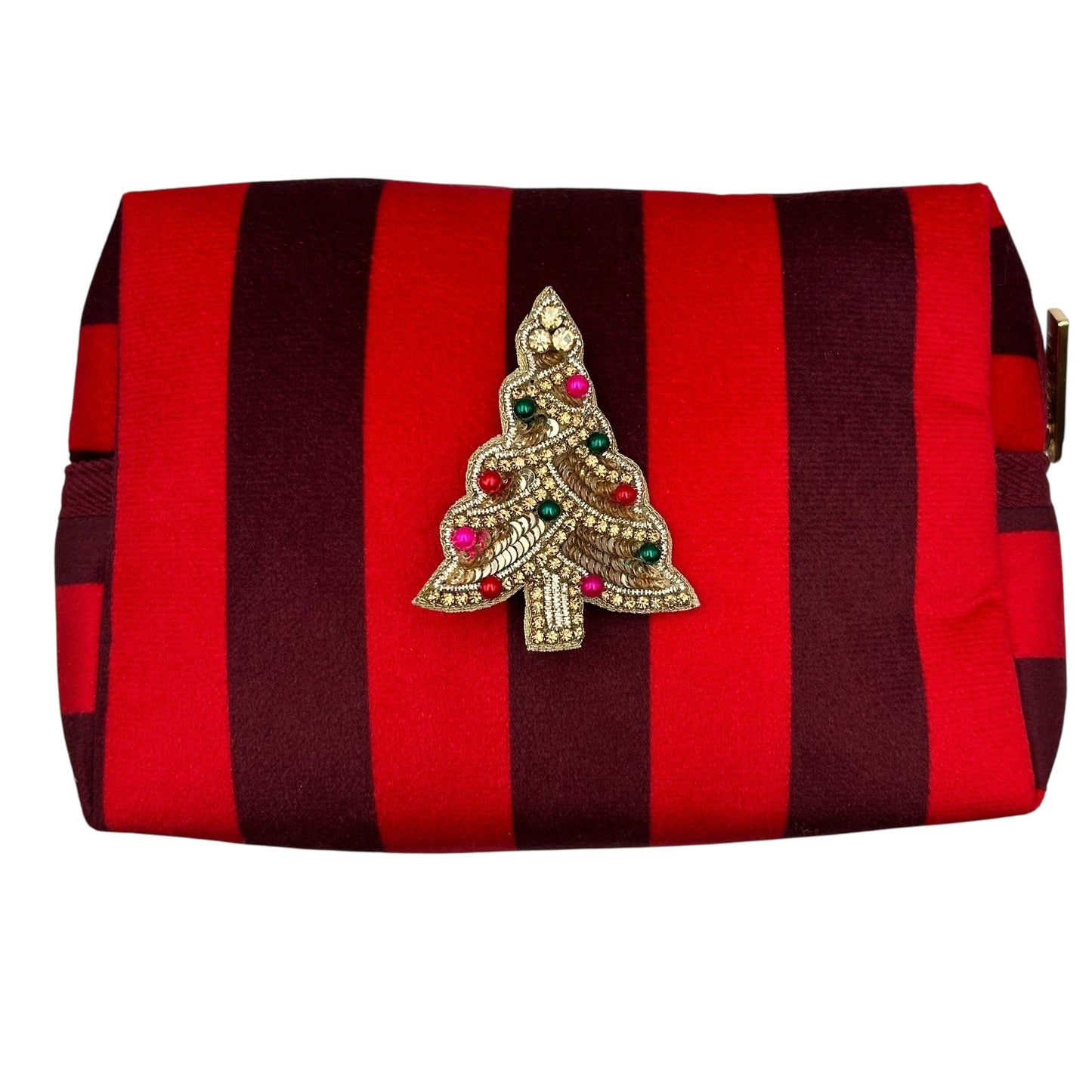Large red stripe makeup bag with Christmas Tree brooch