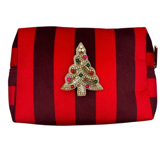 Large red stripe makeup bag with Christmas Tree brooch