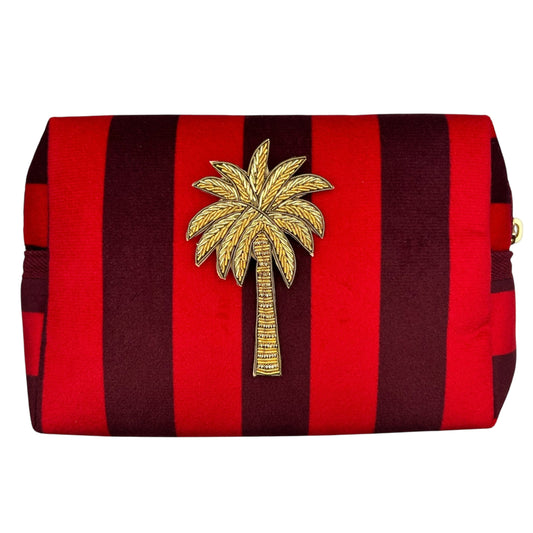 Large red stripe makeup bag with Palm Tree brooch