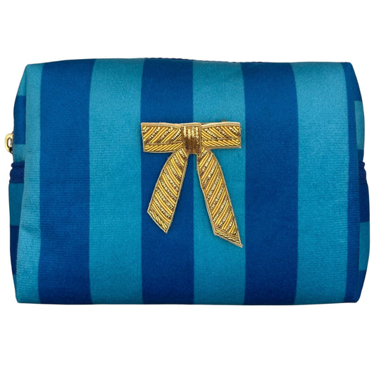 Large blue stripe makeup bag with Bow brooch